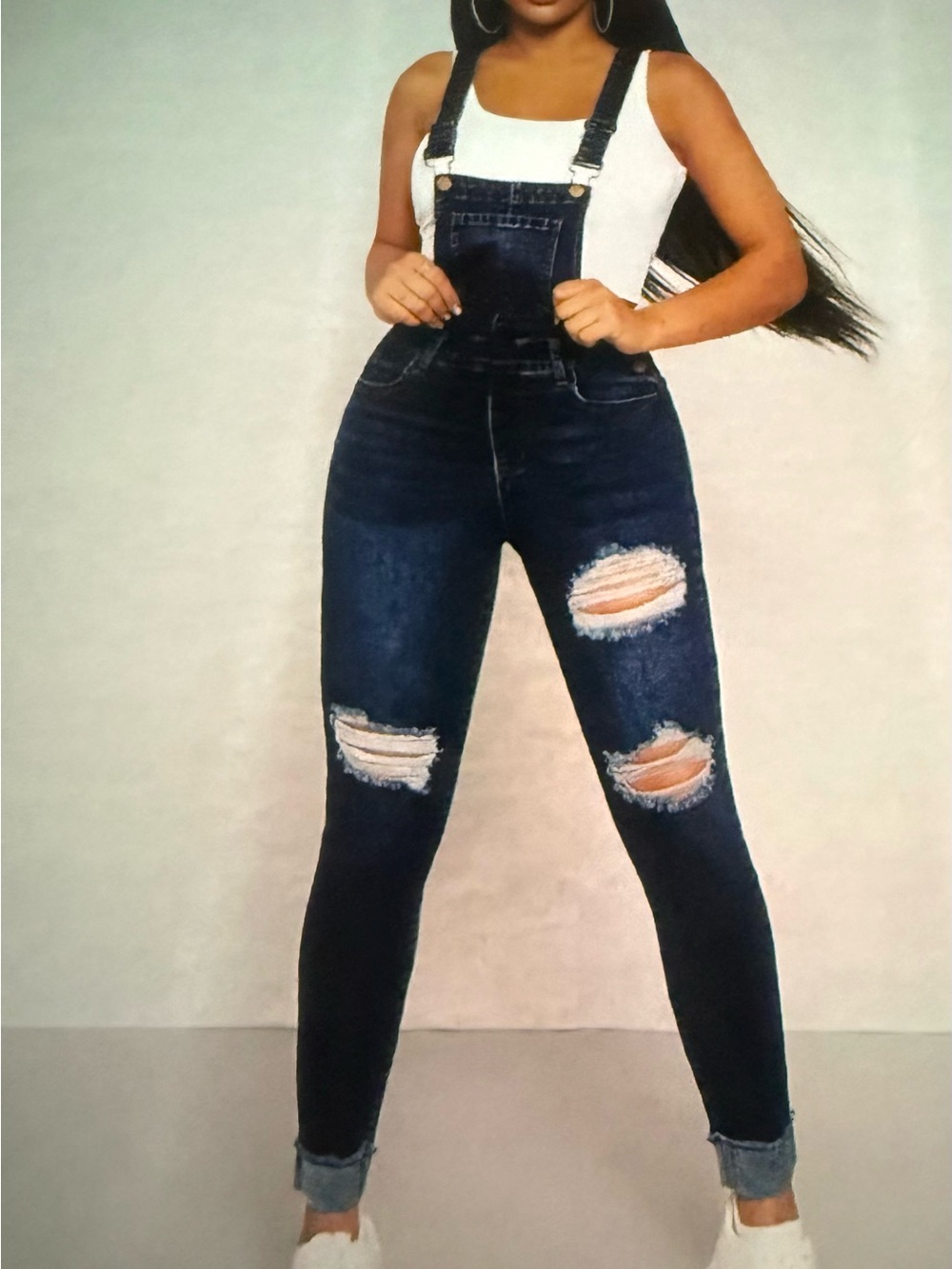 Celebrity Pink Dark Blue Distressed Denim Overalls